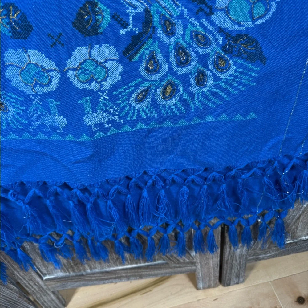 Vibrant Blue Table Runner‎ with Peacock Design